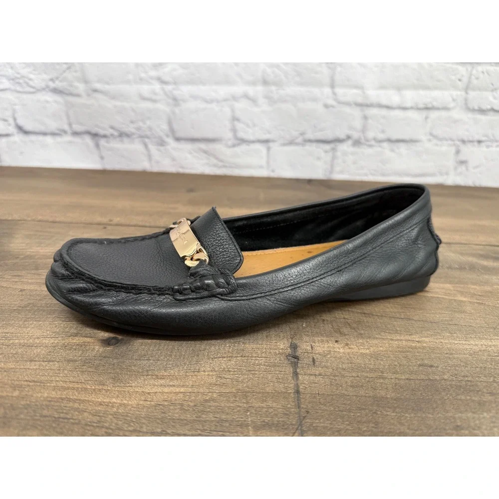 Coach Olive Black Leather Loafers Gold Driving Loafers Size 9B Old Money Classic